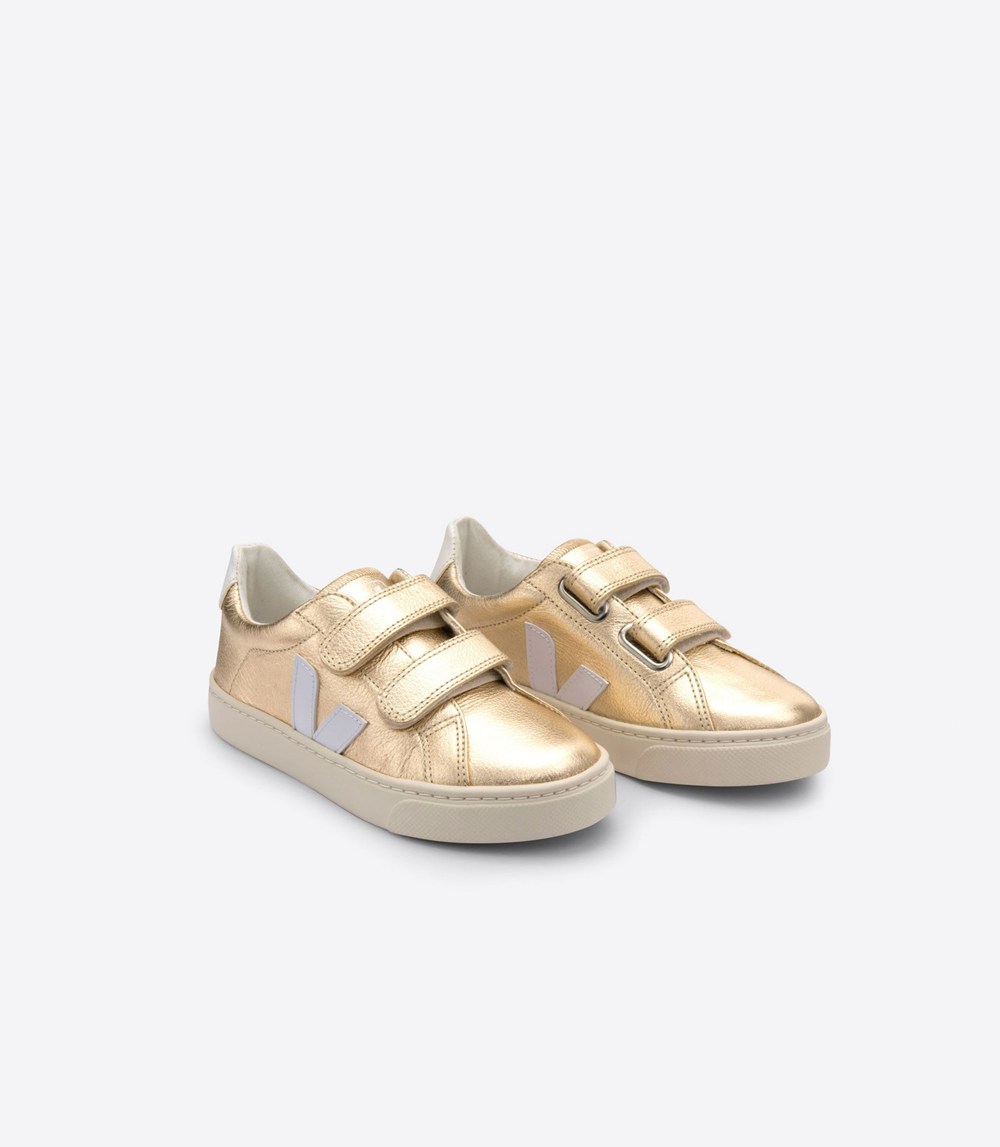 Veja Trainers Kids Gold/White - Esplar Velcro Chromefree Leather - CULM-78236